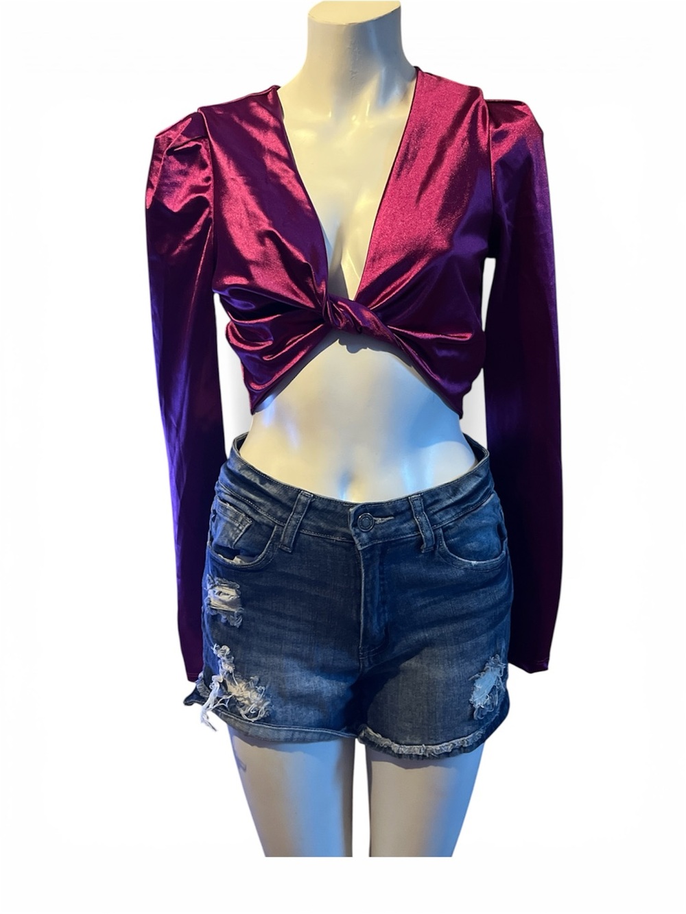 Windsor Metallic Purple Twist-Front Long Sleeve Crop Top